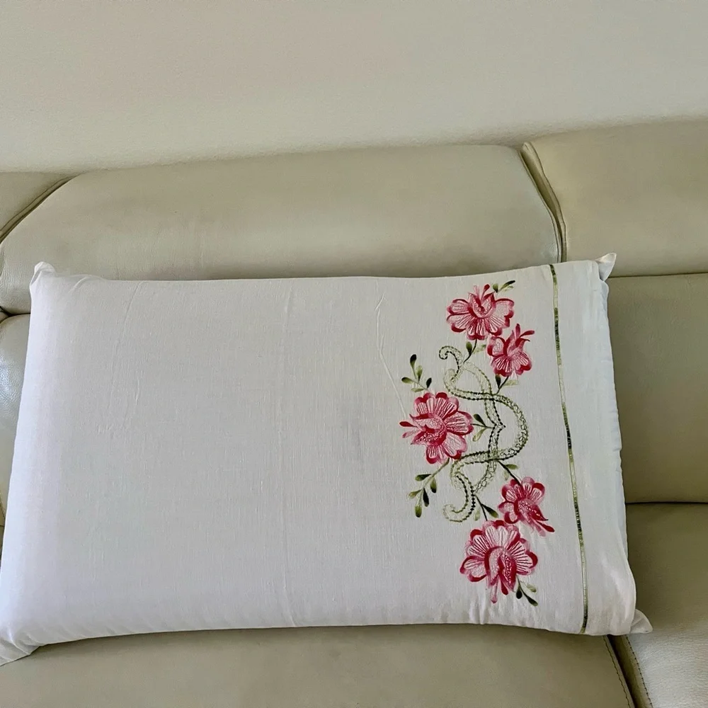 Floral Embroidered White Pillow case 19/26 inches